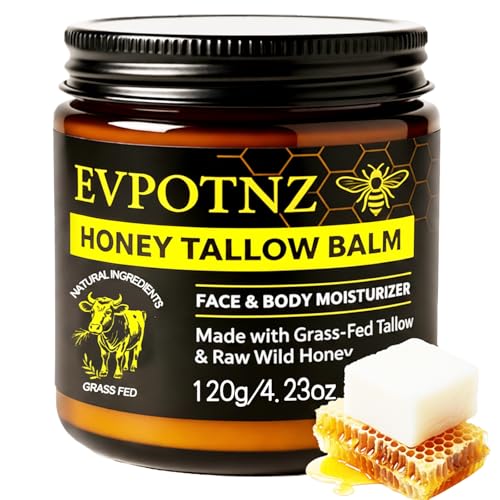 Whipped Beef Tallow & Honey Balm (4.23 oz Large Jar) - Grass Fed Tallow Face Moisturizer for Dry Sensitive Skin& Eczema -Natural Unscented Body Butter&Family