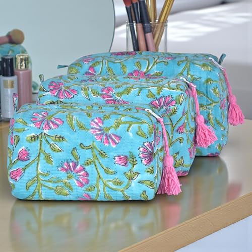 Quilted Floral Block Print Makeup Bag Set of 3 ? Cotton Travel Toiletry and Makeup Organizer, Cosmetic Pouch, Toiletry Bag for Women, Cute Boho Coquette Make Up Bags for Women (Small, Medium, Large)