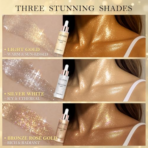 Liquid Glitter Highlighter Glow Drops ? Face Highlighter & Body Shimmer Makeup, Illuminating Radiant Glow for Festival Rave Party, Long Lasting 03 Rose Gold