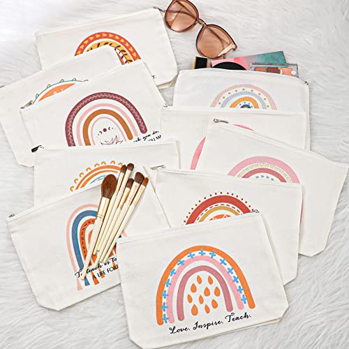 Hillban 60 Pcs Teacher Appreciation Gifts Bulk for Women 30 Rainbow Canvas Makeup Bags 30 Motivational Quotes Keychains Thank You Classroom Gift for Teachers Day Coworker Employee