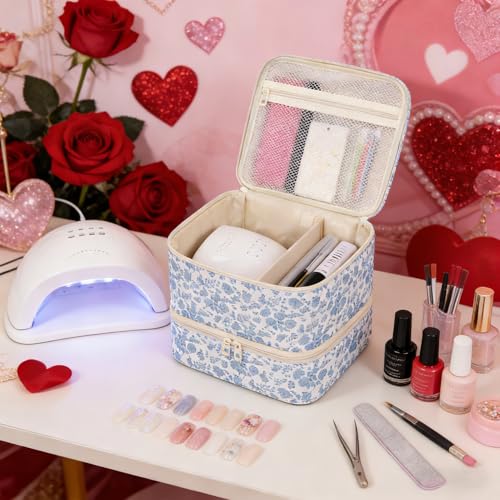 Ethereal Blue Flower Nail Polish Organizer Bag Holds 30+ Bottles & UV Nail Lamp