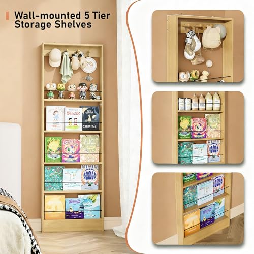 Kids Wooden Behind Door Bookshelf - 5-Tier Oak Storage with Hooks 23.6''L