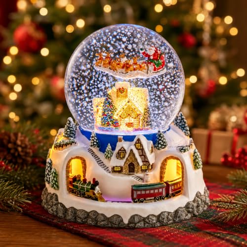 Musical Christmas Village Snow Globe with Santa & Reindeer—48 Carols, Remote