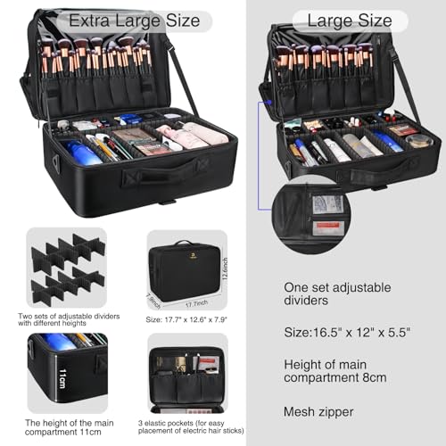 MONSTINA Extra Large Makeup Case 17 Inch Travel Makeup Train Case Professional Makeup Artist Case Nail Polish Organizer Storage Box with Two Adjustable Shoulder Strap
