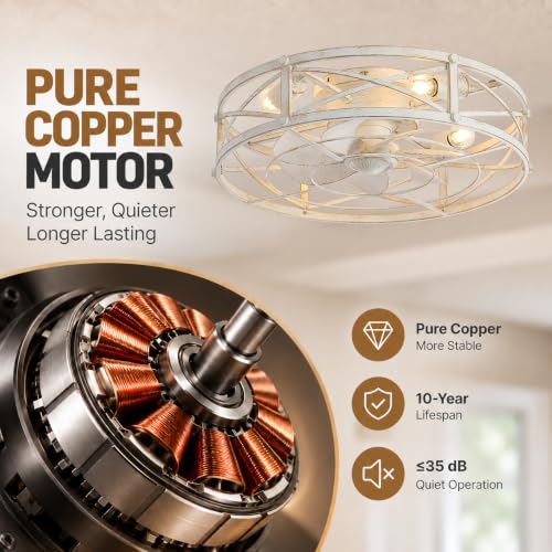 20-Inch White Gold Industrial Caged Ceiling Fan with Light & Remote - Farmhouse Style
