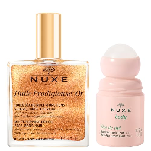 NUXE Huile Prodigieuse Shimmer Dry Oil (3.3 Fl Oz) & R?ve de Th? Aluminum-Free Deodorant (1.6 Fl Oz), Skincare Duo for Radiant Skin & 24-Hour Freshness