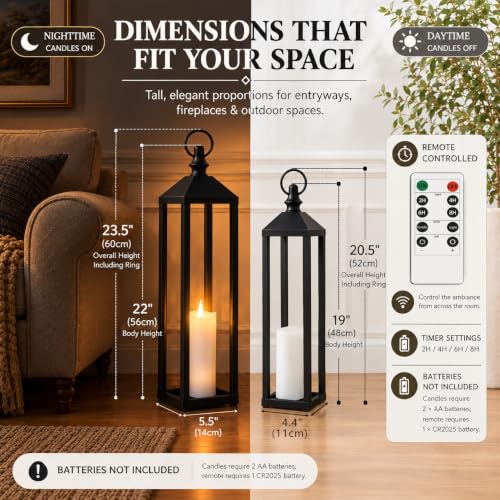 Large Indoor & Outdoor Floor Lanterns Set of 2 with Remote LED Candles