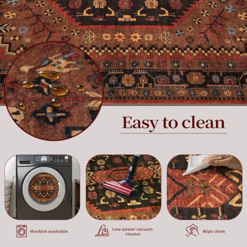 8ft Round Area Rug for Living Room and Bedroom - Soft Boho Carpet with Anti-Slip Back - Red and Gold Variation