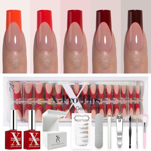 SXC Cosmetics French Tip Press On Nails ? Red Series, Medium Square, X-Pro Tips Starter Kit | 150PCS, 15 Sizes, 5 Styles, Beginner-Friendly