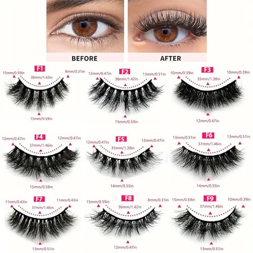 False Eyelashes Bulk Pack - 36 Pairs, 9 Styles, Reusable Vegan Mink Look - 18 Pack