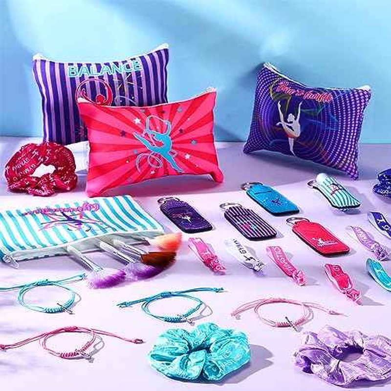 Abbylike 60 Pcs Gymnastics Party Favors 12 Dance Makeup Bag 12 Gymnastics Charm Bracelet 12 Girls Dance Hair Scrunchies 12 Sports Elastics Hair Ties 12 Gymnastics Keychains for Gift Birthday Supplies