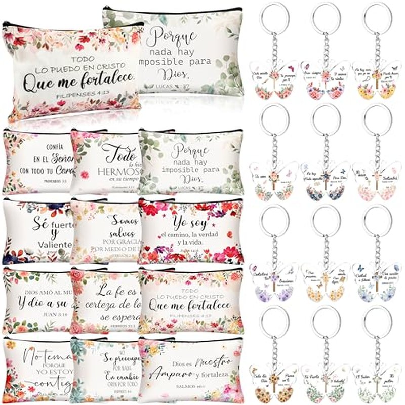 24 Pcs Spanish Christian Gift Set - 12 Women Makeup Bags Bulk & 12 Butterfly Keychains Inspirational Bible Verse Cosmetic Bags Religious Gifts for Women Regalos Religiosos Para Mujer En Espa?ol
