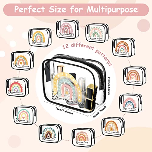 Hillban 12 Pcs Rainbow Clear Makeup Bag for Women Inspirational Quotes PVC Waterproof Cosmetic Bags Appreciation Travel Toiletry Pouch Gifts for Teacher Student Adults(Black)