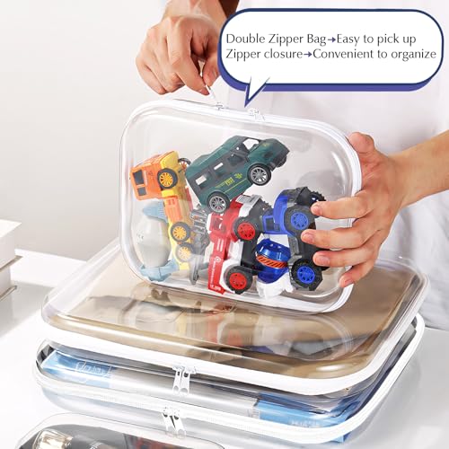 Owfeel 4PCS Clear Hard Shell Zipper Case, Plastic Double Zippered Storage Organizer Pouches for Travel, Transparent Cosmetic Bag for Make Up Tools, Toiletries, Toy Storage