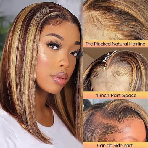 Highlight 4/27 Lace Front Bob Wig Human Hair 16 Inch Ombre Honey Blonde