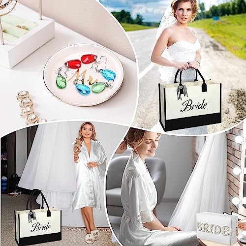 Toulite 6 Pcs Bridal Shower Gift Set Including Slide Slippers Wedding Tote Pearl Rhinestone Cosmetic Bag Bridal Robe Wedding Tumbler Ceramic Jewelry Dish Tray for Engagement Bachelorette Party