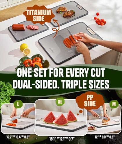 Titanium Cutting Board Set of 3 - Dual-Sided Non-Toxic Kitchen Chopping Boards with Juice Groove, Extra Large Sizes
