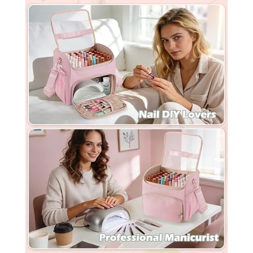 Nail Polish Organizer Bag Holds 42 Bottles(15ml/0.5 fl.oz), Double Layer Nail Storage Case for Gel Polish and Manicure Tools, Travel Nail Bag, Pink