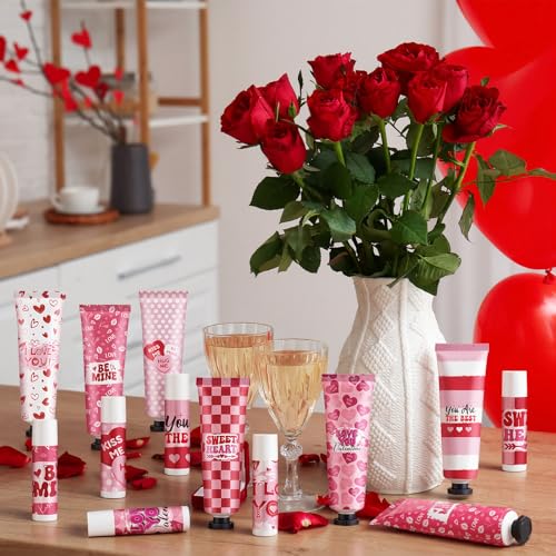 Loopeer 36 Sets Valentine's Day Hand Cream Lip Balm Gifts Bulk Galentine's Day Gift Valentine Party Favor Moisturizing Heart Hand Lotion Bulk Mini Dry Cracked Care Cream for Women Teacher Coworker