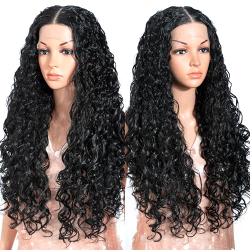 13x6 Lace Front Curly Synthetic Wig - 28 Inch 1B Free Part for Daily & Cosplay
