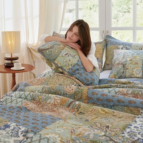King Size Cotton Comforter Set - Sage Patchwork Reversible Bedding with 2 Pillow Shams, 96x108 Inches