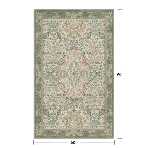 5' x 8' Sage Green Vintage Area Rug with Botanical Bird Pattern, Washable & Non-Slip