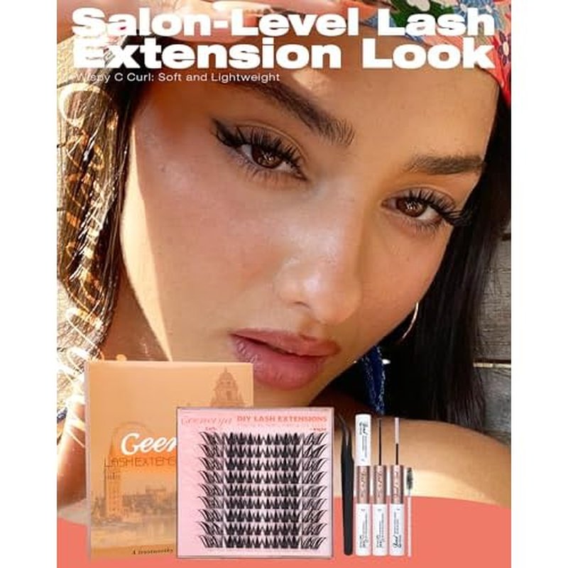 Geeneiya Manga Lash Clusters Kit, 11-19mm Fox Eye Lash Extension Kit, C Curl Left & Right Cat Eye Lashes, DIY Cluster Eyelash Extension Kit with Lash Bond and Seal Lash Tweezers for Beginners