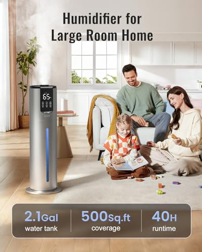 Large 8L Humidifier for Bedroom & Large Rooms, Grey - Leak-Proof Top Fill, 40H Run, Essential Oil Tray