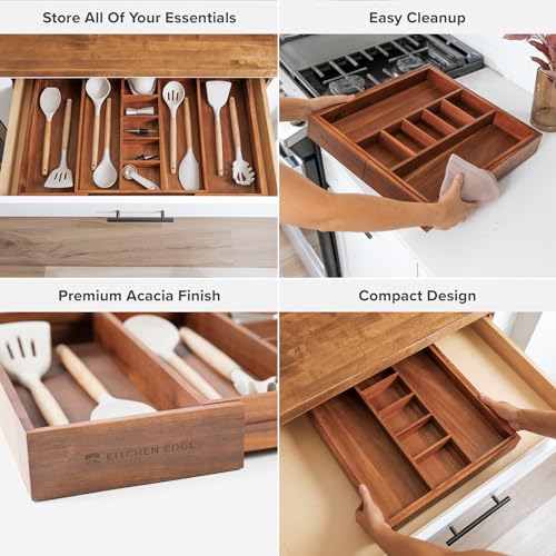 KitchenEdge Expandable Acacia Drawer Organizer - Natural, Fits 16-28 Inch Wide Drawers