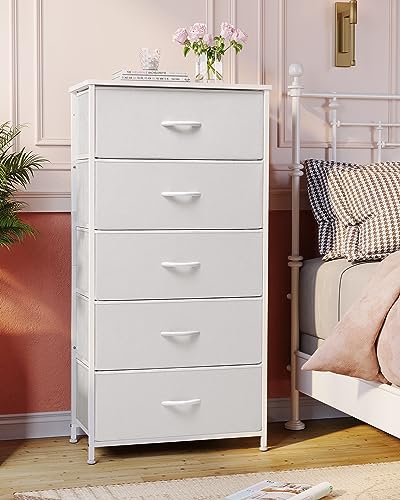 Tall Fabric Dresser with 5 Drawers - Wide White Vertical Storage Organizer