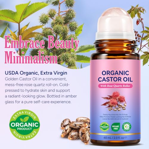 ITSDAWN 2 Pack Organic Cold-Pressed Castor Oil with Rose Quartz Roller Ball (2 Fl Oz)