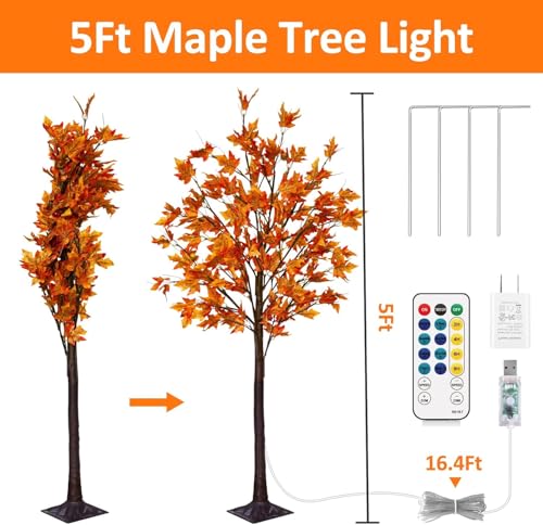 2 Pack 5Ft Fall Maple Tree Light with 90 LEDs and 8 Flash Modes - Indoor Outdoor Thanksgiving Decor