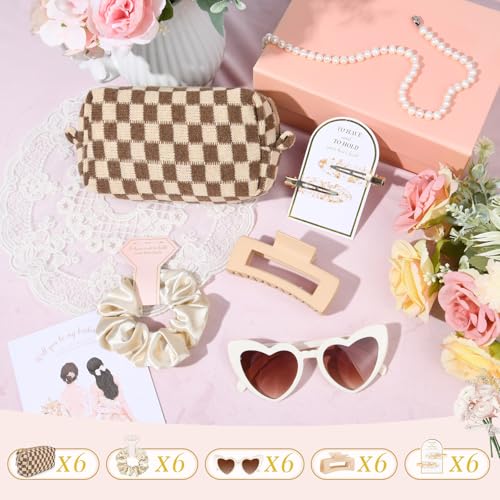 6 Sets Bridesmaid Proposal Gift Set with Hair Clips Scrunchies Sunglasses & Makeup Bag - Brown Checkered