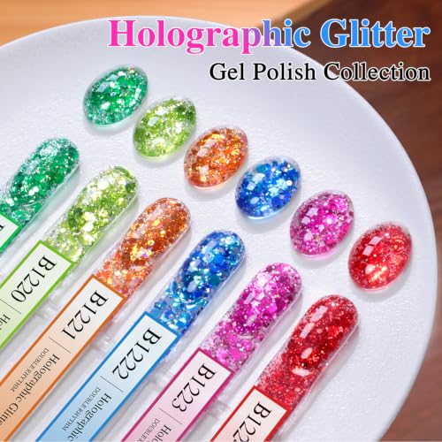 Double Rhythm Holographic Glitter Gel Nail Polish Set of 6 - Cat Eye Magnetic Full Size