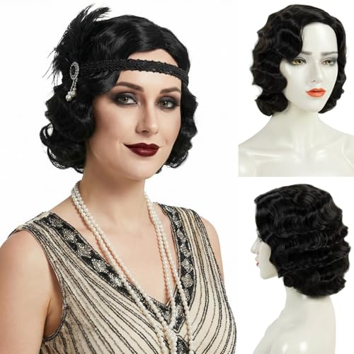 Finger Wave Wig 1920s Retro Long Curly Synthetic Hair for Women - Jet Black