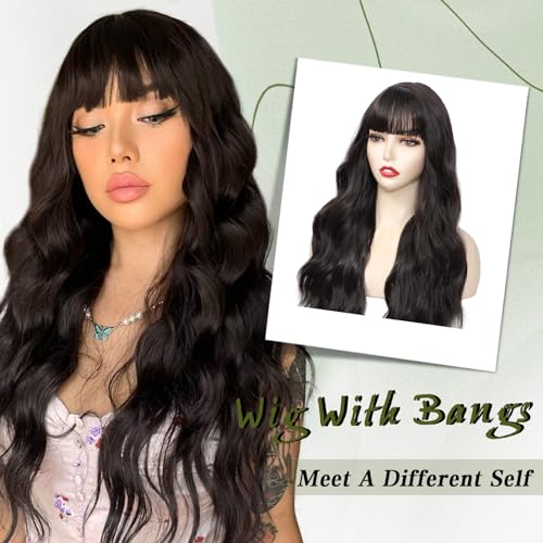 Black Long Wavy Wig with Bangs - 26 Inch Synthetic Curly Hair for Women - Angzon