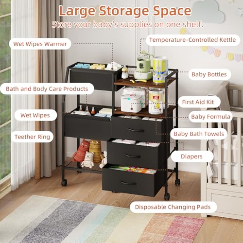 Somdot Baby Diaper Caddy Organizer 3-Tier Rolling Cart Black Rustic Brown