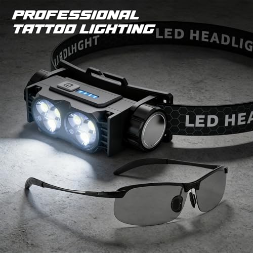 MK TATTOO Headlamp with Anti-Glare Glasses, 4500 Lumens, Rechargeable Tattoo Lighting Kit