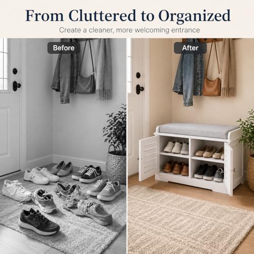 White Shoe Storage Bench with Padded Seat & 2 Doors - Modern Entryway Furniture
