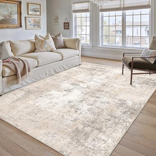 Beige Grey Abstract Area Rug 8x10 Low Pile Modern Indoor Carpet - WondRg