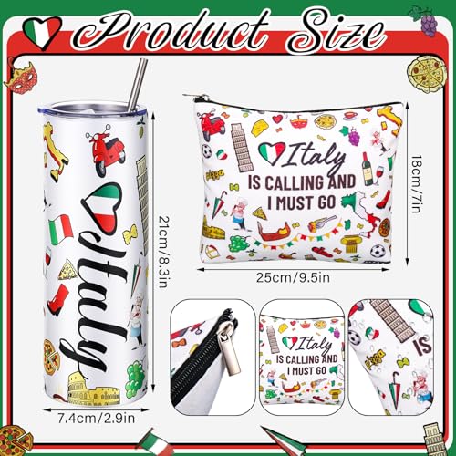 Sieral 5 Pcs Italy Travel Gift Set Funny Italy Themed Travel Trip Souvenir Gifts Includes Cosmetic Bag Thermal Cup Keychain for Traveler Women Birthday Christmas Party