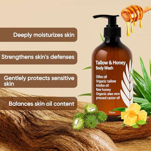 Tallow and Honey Body Wash, Grass-Finished Tallow & Honey Organic Body Wash -10oz, with Grass-Fed Tallow, Olive Oil, Aloe Vera, Shea Butter and Jojoba Oil, Clean & Hydrate Skin (1)