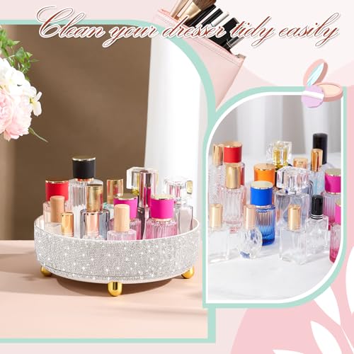 Honeydak 1 Tier Rotating Perfume Organizer Tray with Rhinestones - White