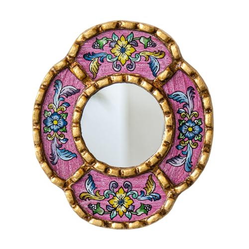 Peruvian Mirror Wall - Handmade Reverse Painted Glass Art - Elegant Miniature Oval Mirror for Gallery Wall - Unique 6" x 5.1" (Pink)