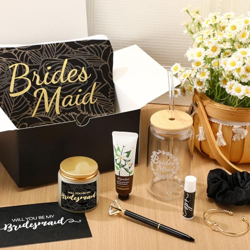 Black Bridesmaid Proposal Gift Set with Glass Cup & Makeup Bag - 14 Pieces