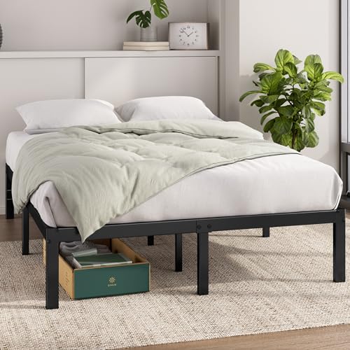 Black 14 Inch Metal Platform Bed Frame for King Size Mattress with Slats & Headboard Compatibility