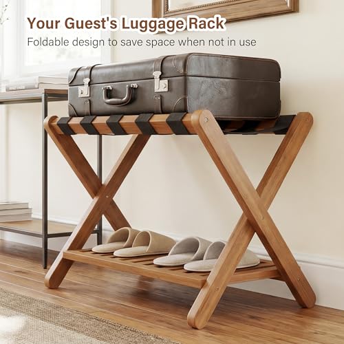 Walnut & Black Bamboo Luggage Rack for Guest Room Pack of 2 - Foldable & Stable Suitcase Stand