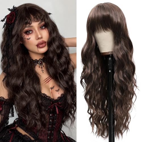 Vomella 4G 26-Inch Dark Brown Curly Wavy Wig with Bangs for Women