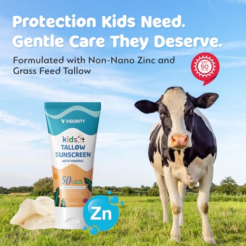 Kids SPF 50 Mineral Sunscreen with Zinc Oxide & Beef Tallow - Water-Resistant, Food-Grade Botanical Extracts - SPF 50 Kids