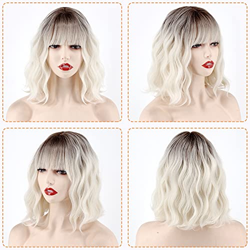 MISSQUEEN Short Platinum Blonde Wavy Wig with Bangs - Dark Roots, 12 Inch Cosplay & Daily Use